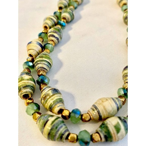 Vintage Rolled Paper Bead Necklace With Chrysolite Aurora Borealis Beads, Albert - Picture 1 of 1